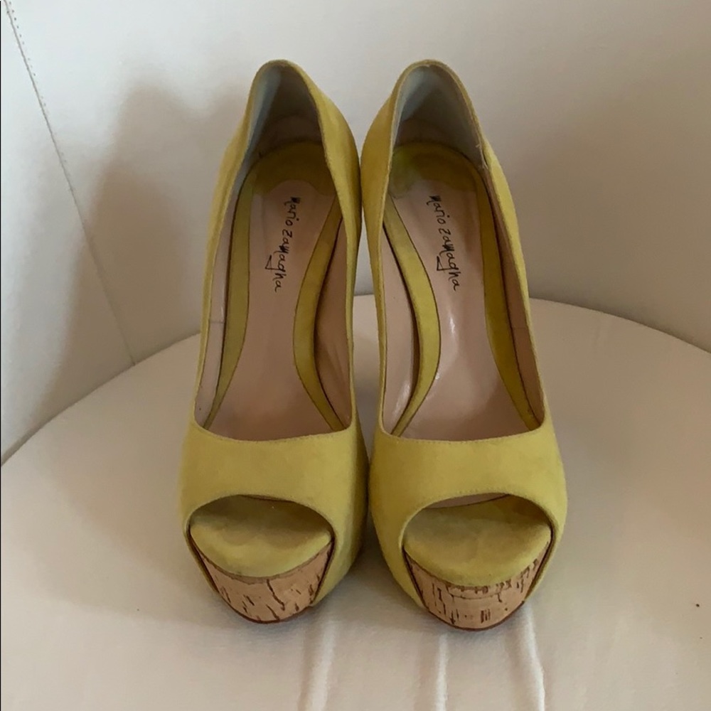 Mario Zamagna Chartreuse Suede Cork Heel Platforms
